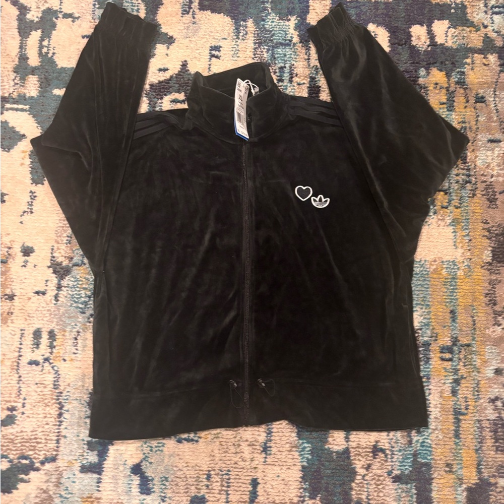 Adidas Black Velour Track Jacket with Heart and Trefoil Logo